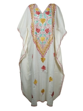 Mogul Women Off-White Kaftan Maxi Dress Boho Loose Floral Embroidered Kimono Sleeves Resort Wear Cover Up Housedress 4XL