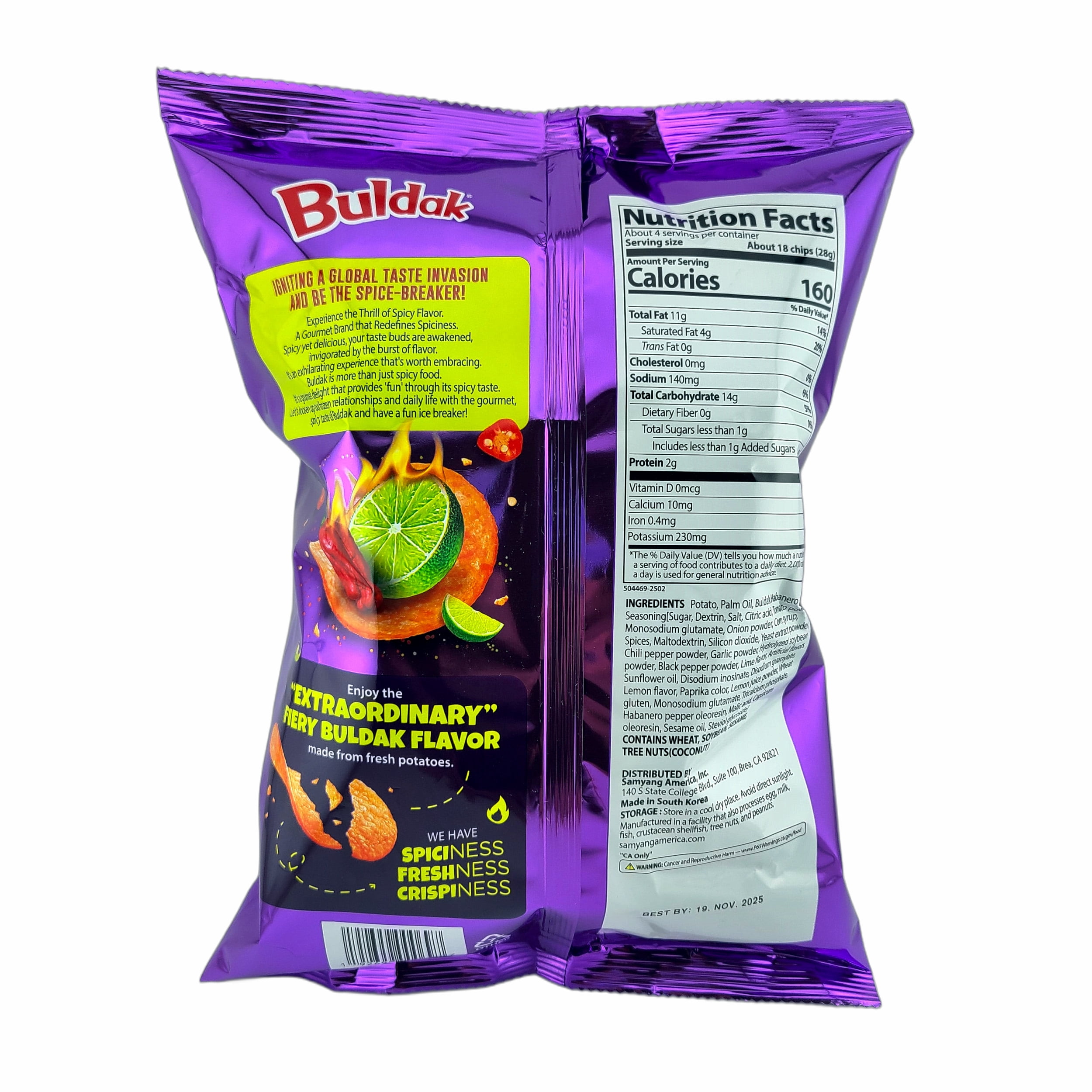 Samyang Buldak Potato Chips HABANERO LIME Spicy Chicken Flavored 4.23 Oz. X 2 with Bonus Gift Metallic Wire Bag Clip (3-Pc Set)