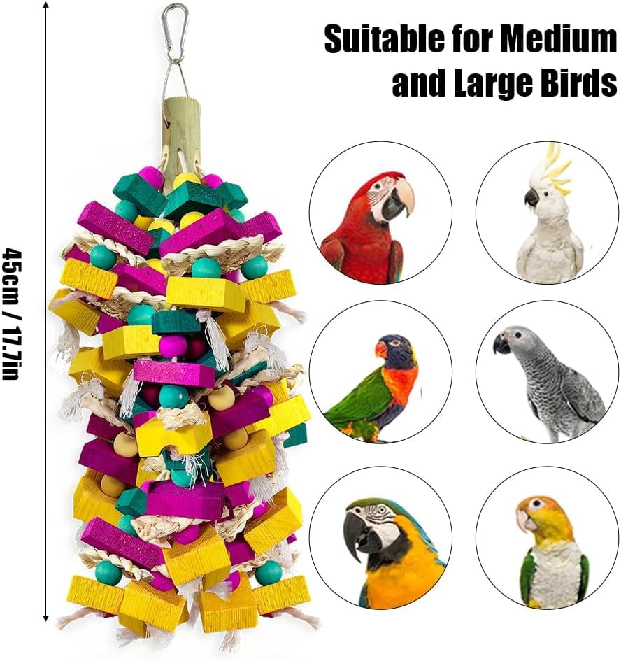 Bird Toys, Multi-Color Wooden Block with Bamboo Support Chewing Toy for Parrot Cage