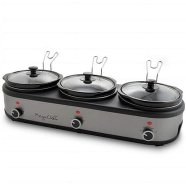 Megachef  Triple 2.5 qt. Slow Cooker & Buffet Server in Brushed with 3 Ceramic Cooking - Silver & Black Finish