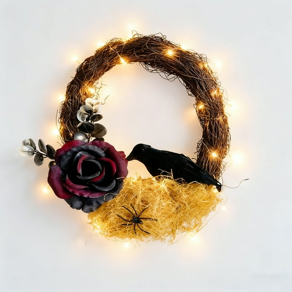 Halloween Wreath, 10 Inch Halloween Garland with Crow Vines, Artificial Dead Branch Wreath with LED Light, Halloween Home Party Decor Sturdy Build, for Porch Window Wall Decor