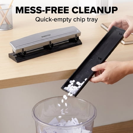 Bostitch Office Premium 3 Hole Punch, 12 Sheet Capacity, Metal, Rubber Base, Easy-Clean Tray, Silver - Image 5