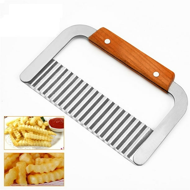 Cortador de papas arrugado con cuchilla de acero inoxidable | Cortadora de verduras ondulada | Herramienta de astillado con mango de madera | Fácil corte para papas fritas, papas fritas, pan