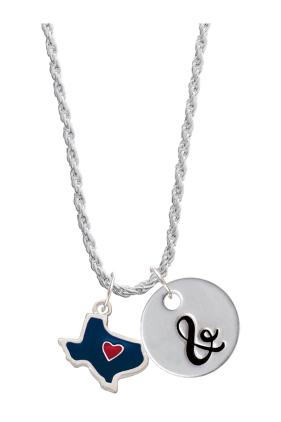 Silvertone Blue Texas with Red Heart Silvertone Script Initial Disc - & - Charm Necklace, 20"+3"