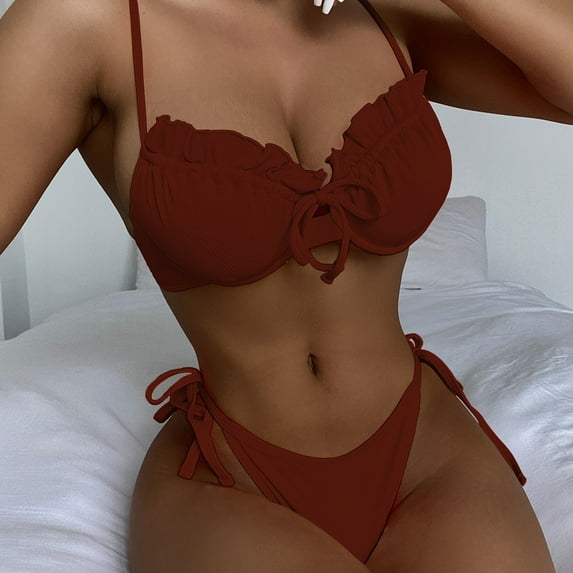Travelwant Women's Strapless Ribbed Tie Back Ruffle Cutout Bandeau Bikini Set Swimsuit