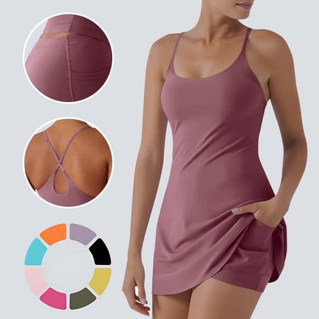Square Neck Tennis Dress with Pockets for Women Sleeveless Built in Shorts Athletic Dress Side Slit Golf Active Pink M