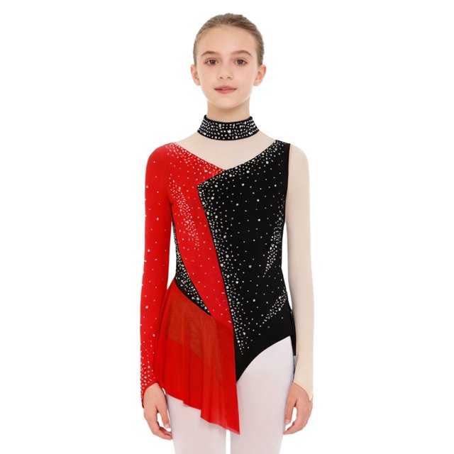 RUNQHUI Robe de Patinage Artistique pour Filles Enfants à Manches Longues avec Strass Justaucorps à Jupe de Gymnastique Tenue de Ballet Rouge 8
