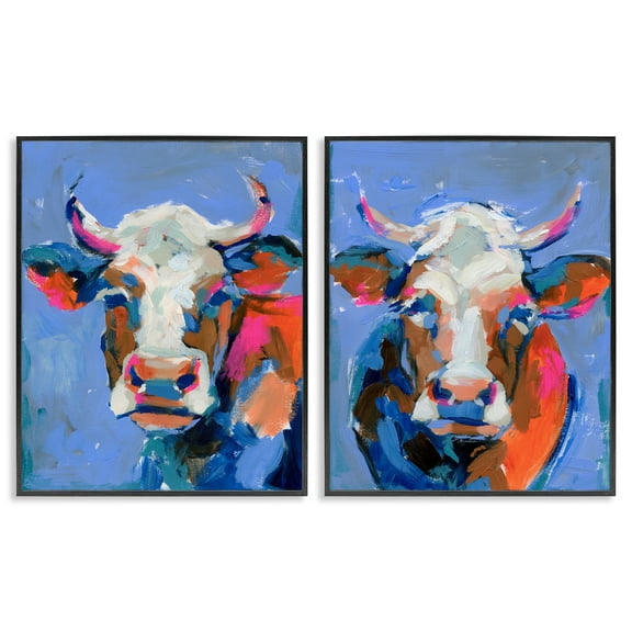 Stupell Industries Guernsey Cow Horned Portrait Animals Painting Black Framed Art Print Wall Art, 11 x 14, Set of 2