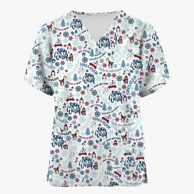 Uniforme de enfermera con estampado de alce de dibujos animados para mujer, monos de bolsillo de manga corta, uniformes médicos, ropa de enfermería, navidad