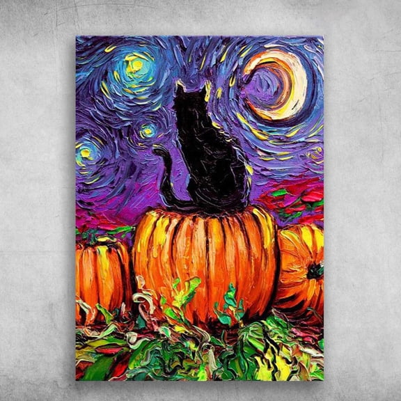 Pumpkin Black Cat, Halloween Day, Starry Night, Vincent Van Gogh 11 x 17 Inch Poster