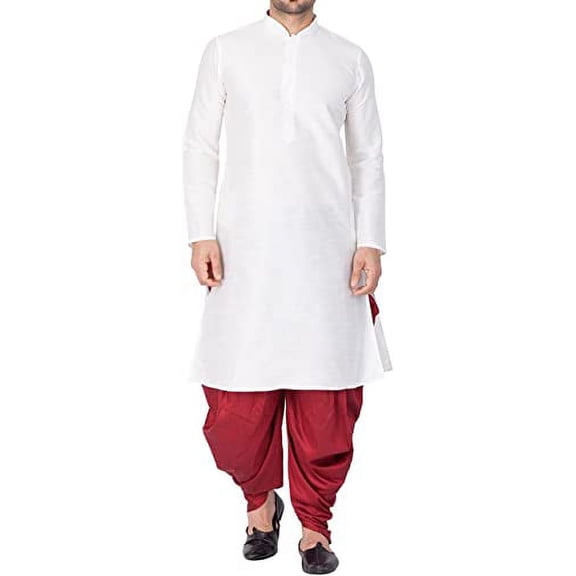 Royal Kurta Men's Silk Blend Straight Kurta Salwar Set (38, WHITE-MAROON)