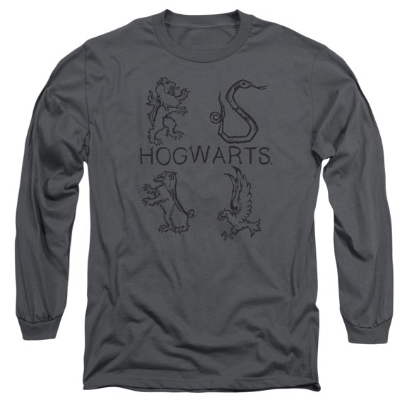 Harry Potter Literary Crests Long Sleeve Adult 18/1 T-Shirt  Charcoal
