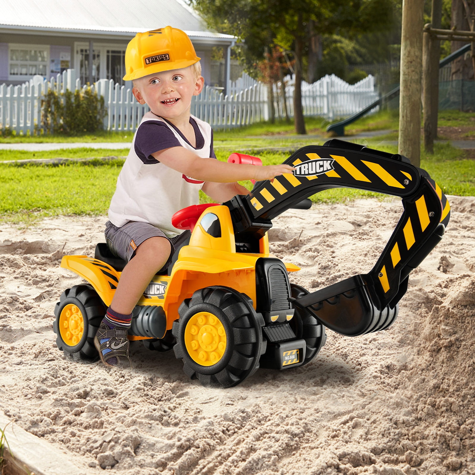 Costway Kids Toddler Ride On Excavator Digger Truck Scooter Seat Storage W Sound helmet