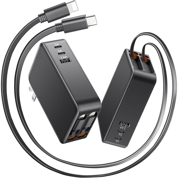 Retractable Phone Charger, 65W Type C Fast Charger with 3.9ft Dual Cables and Three Ports, 5-in-1 Retractable USB C Charger with Foldable Plug for Home/Travel/Office