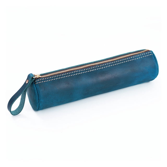 Estuche de cuero FloreceBien, estuche de cuero hecho a mano con cremallera, estuche de almacenamiento de papelería de gran capacidad, azul