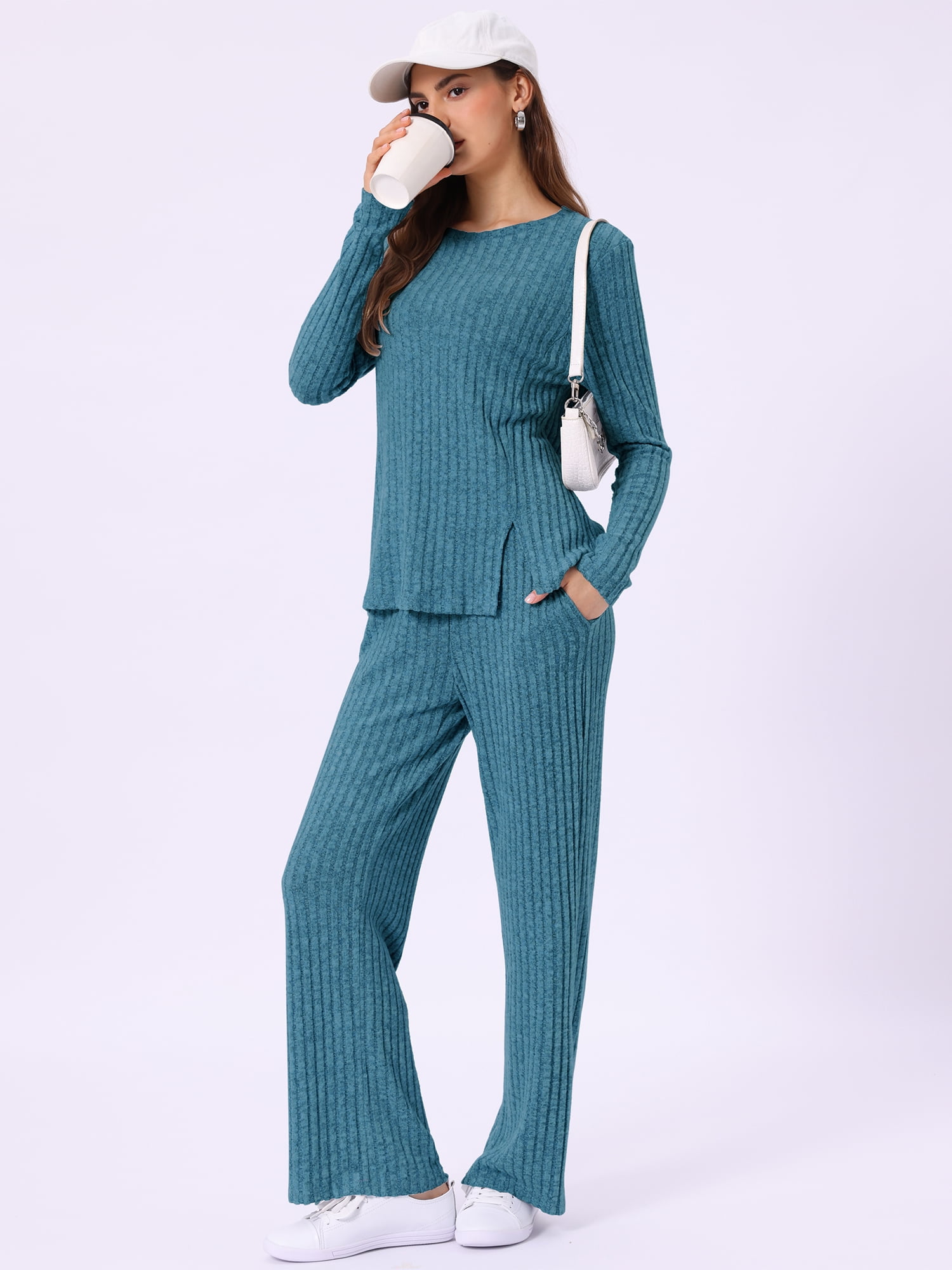 DARING DIVA Women's Knit Long Sleeve Ribbed Sleepwear Soft Crewneck Sets L Peacock Blue