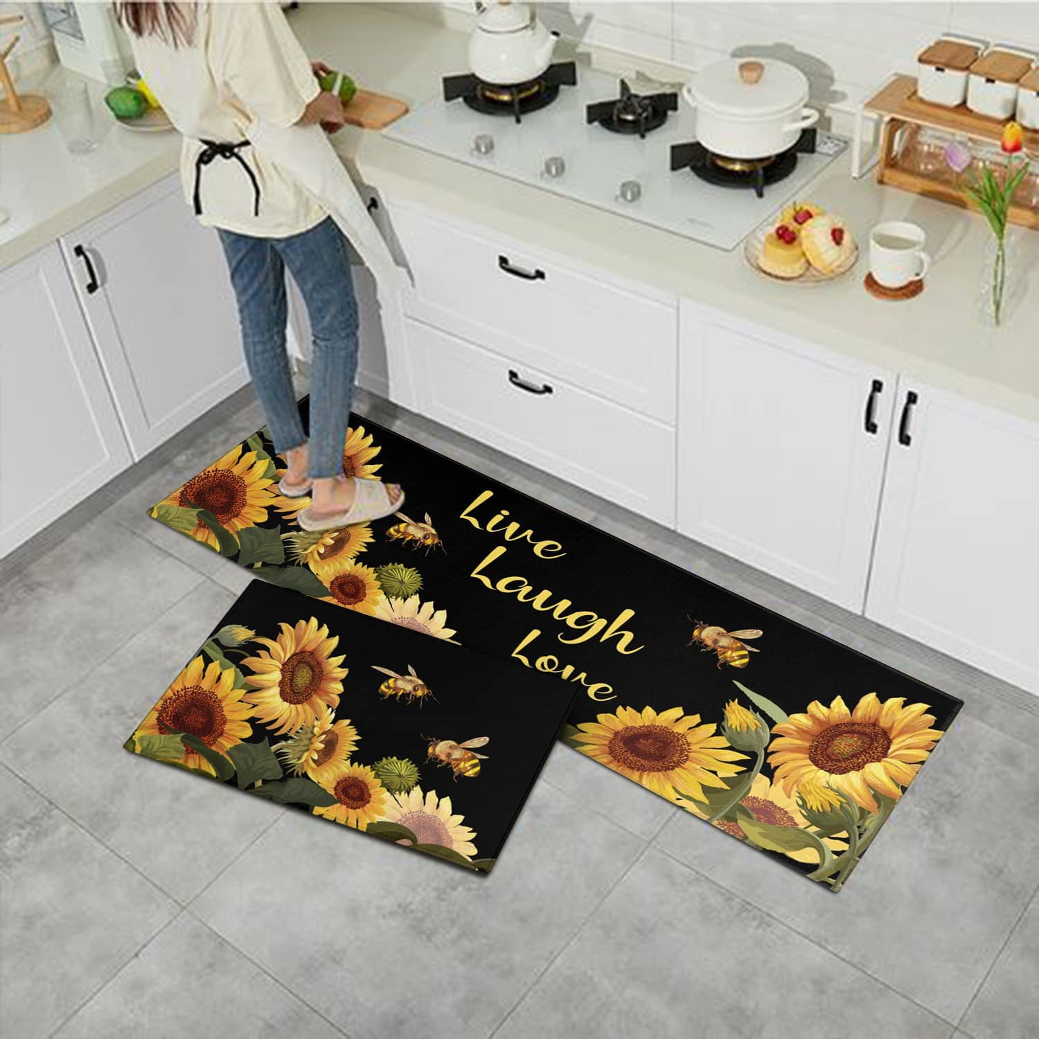 20x32Inch Area Rug Absorbent Door Mat Kitchen Rugs Carpet, Sunflower Bee  Butterfly Retro Bathroom Rugs 