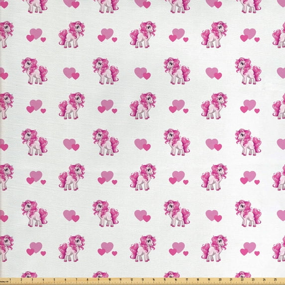 Love Upholstery Fabric by the Yard, Pink Hearts and Pony Horse Girls Design Toy Animal Cartoon, Decorative Fabric for DIY and Home Accents, Hot Pink White by Ambesonne
