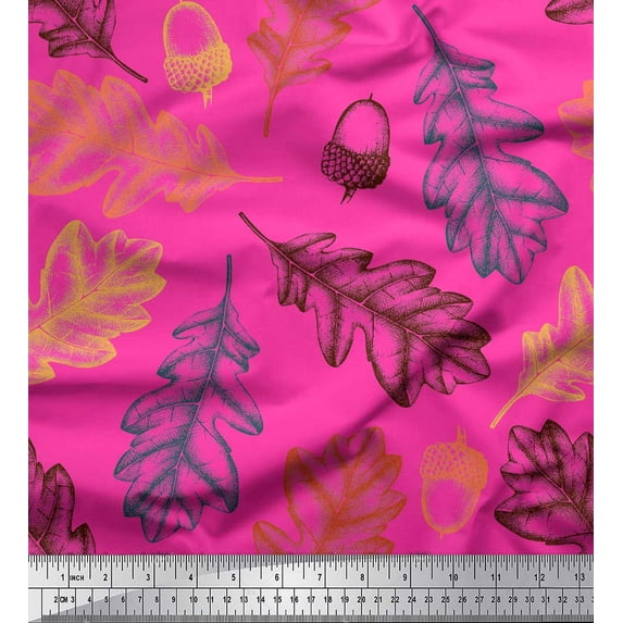 Soimoi Pink Modal Satin Fabric Oaknut & Oak Leaves Printed Fabric 1 Yard 42 Inch Wide