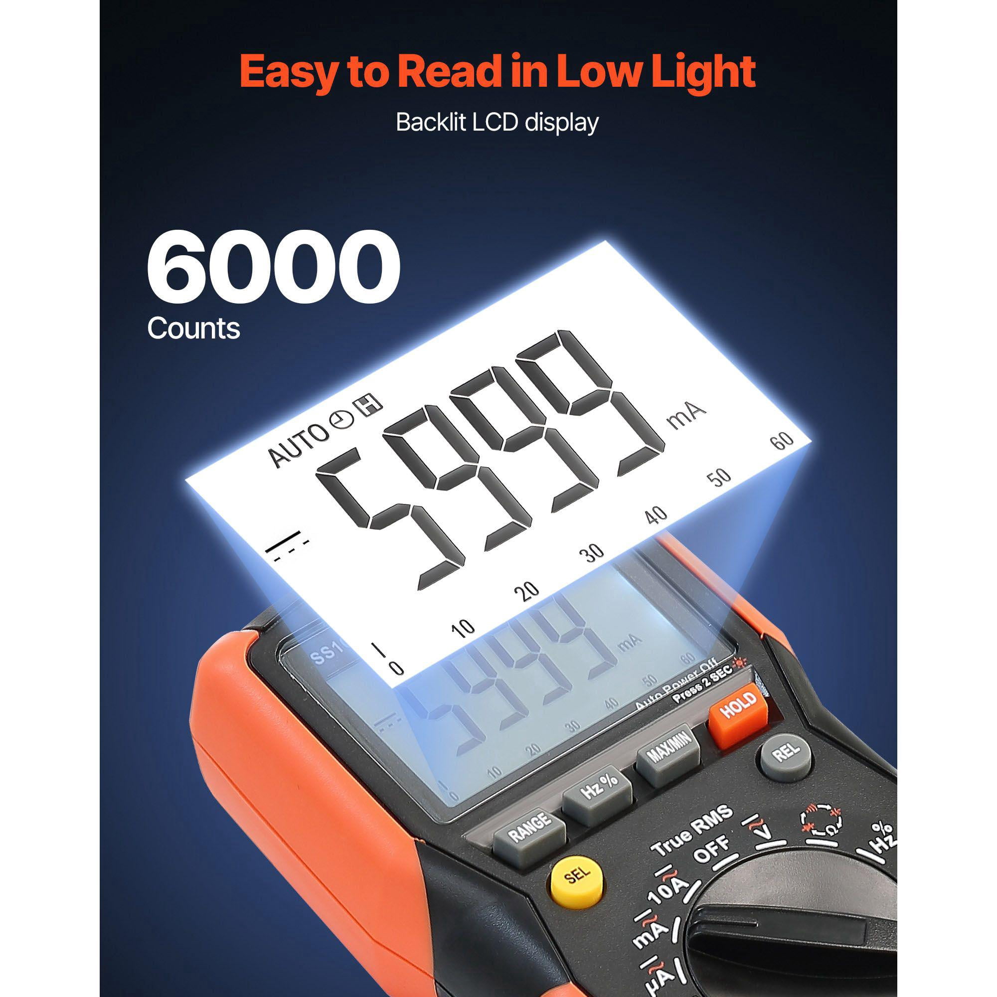 Digital Multimeter 6000 Count TRMS Auto Ranging DC AC Voltmeter Current Tester for Voltage Resistance Capacitance Temperature Diodes Continuity Low Impedance Measurement