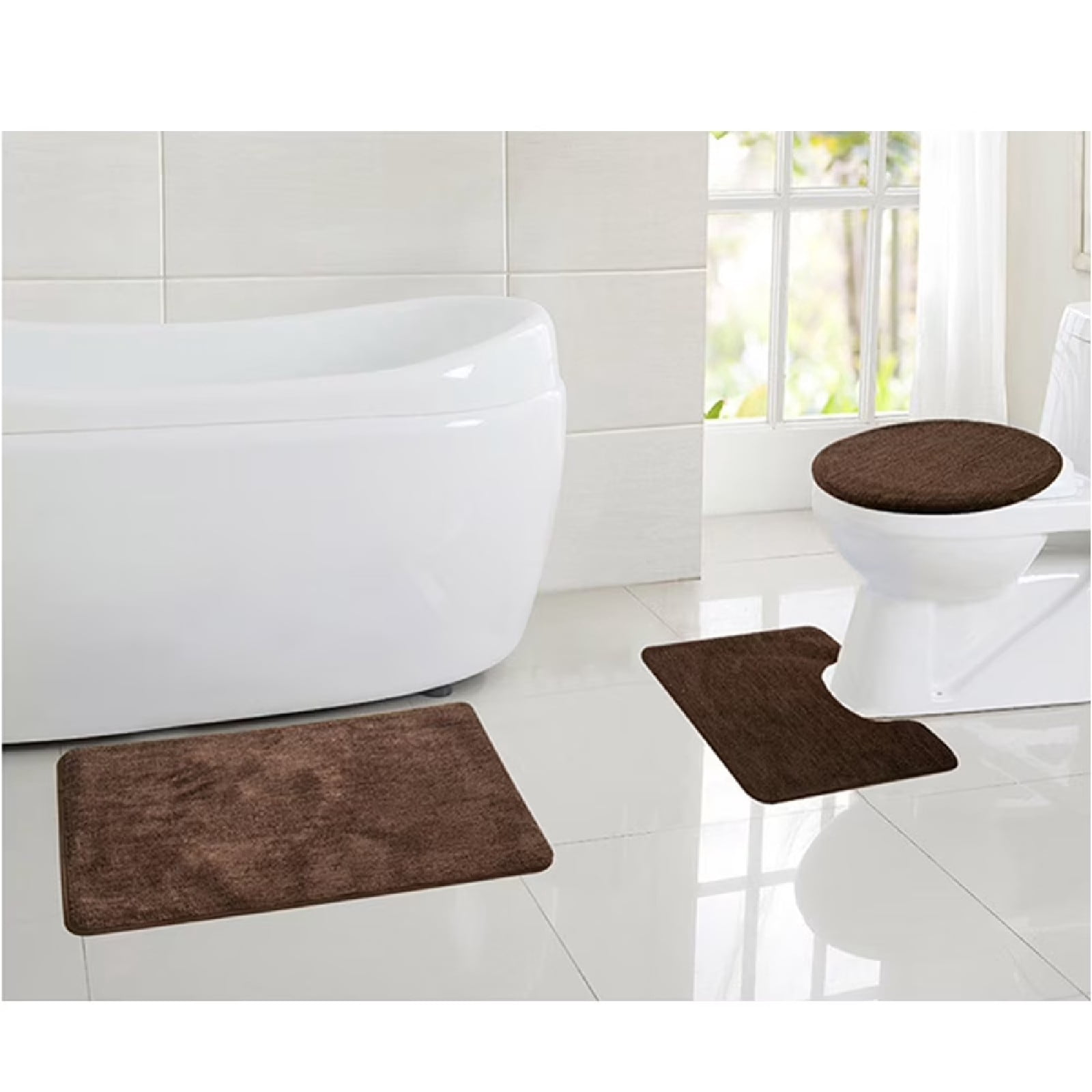 Eurhowing Bath Rug Set 3-Piece, Microfiber Non-Slip Absorbent Bathroom Mat Set, Ultra Soft Bath Mat with U-Shaped Contour Rug & Toilet Lid, Coffee