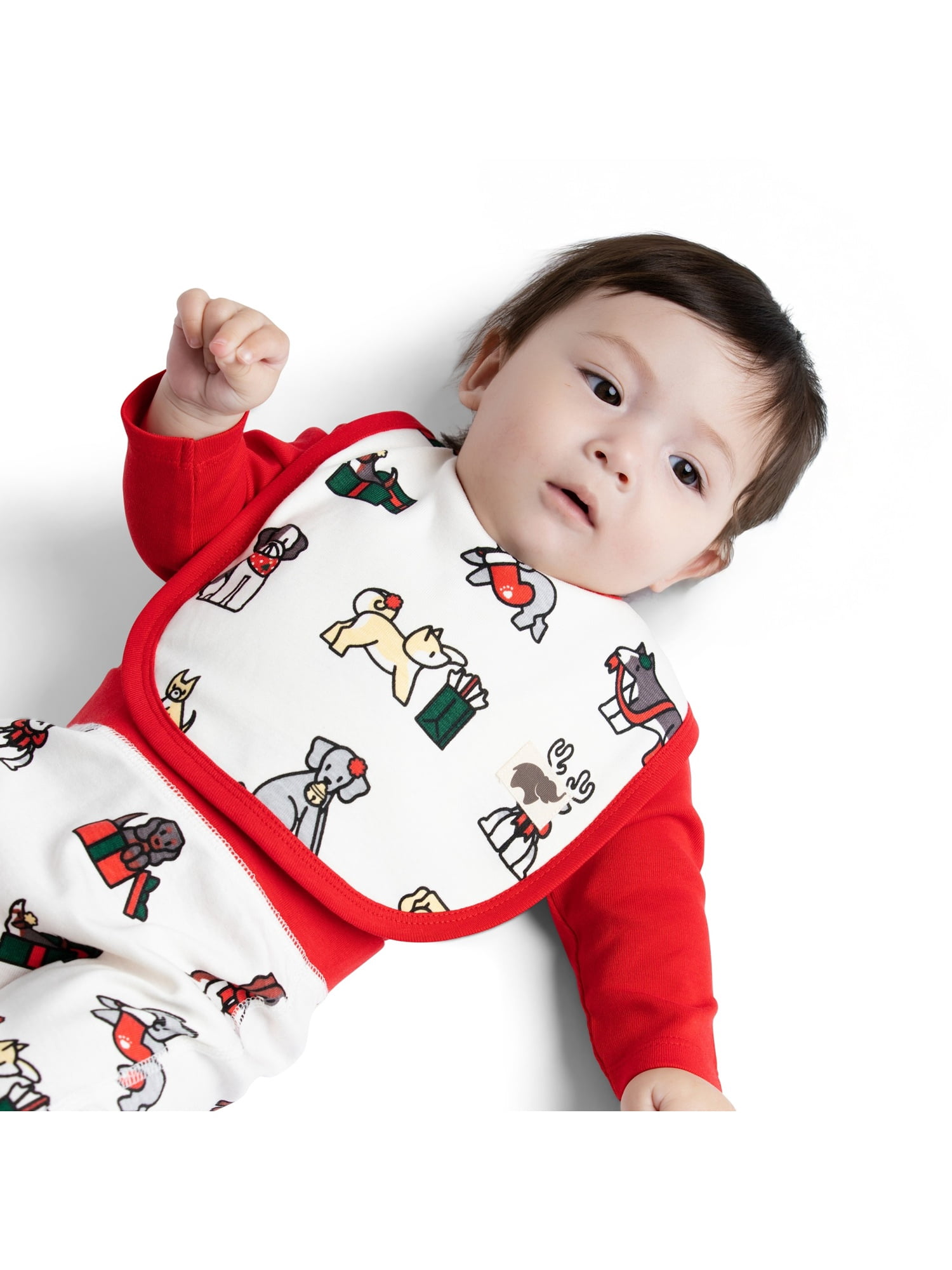 M+A by Monica + Andy Christmas Organic Cotton Gender Neutral First Moves Bodysuit + Groove Pant + Bib Set, Sizes Newborn -24 Months