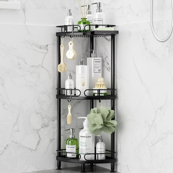 Corner Shower Caddy Standing - 3 Tier Rustproof Metal Shower Organizer Stand with Soap Holder and 4 Hooks, Freestanding Floor Shower Storage Stands for Bathroom, Black
