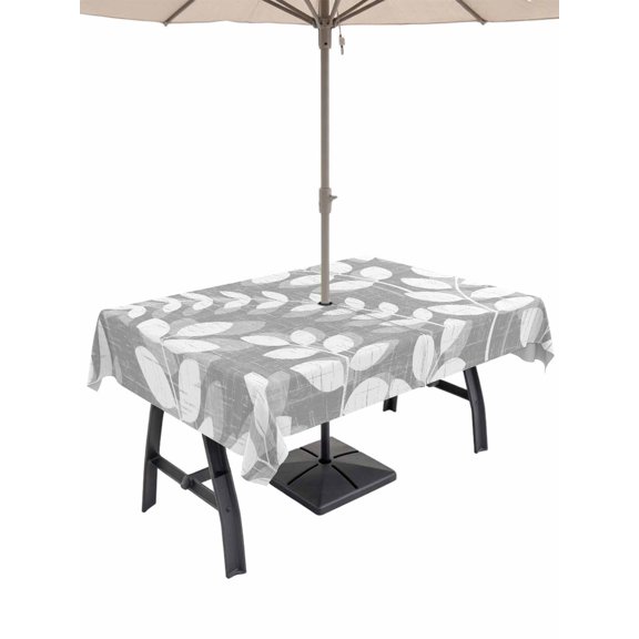 Outdoor Tablecloth with Umbrella Hole for Patio/Picnic/Party/Camping, Gray Leaves Waterproof Table Cloth Rectangle Table Cover Washable, Farmhouse Botanical Leaf Branch Vintage Modern (54"x 80")