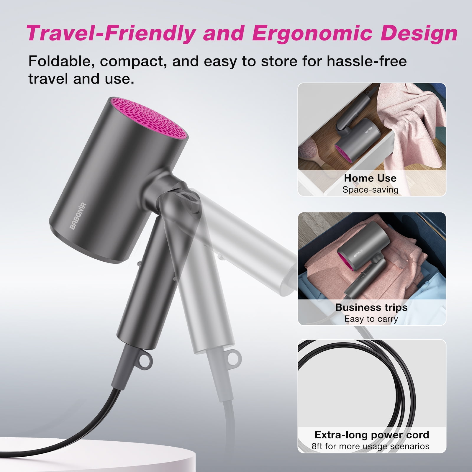 BABONIR Small Ionic Hair Dryer, 1875W Fast Drying, 3 Heat 2 Speed, Foldable, Diffuser Included, for Home and Travel, Gray