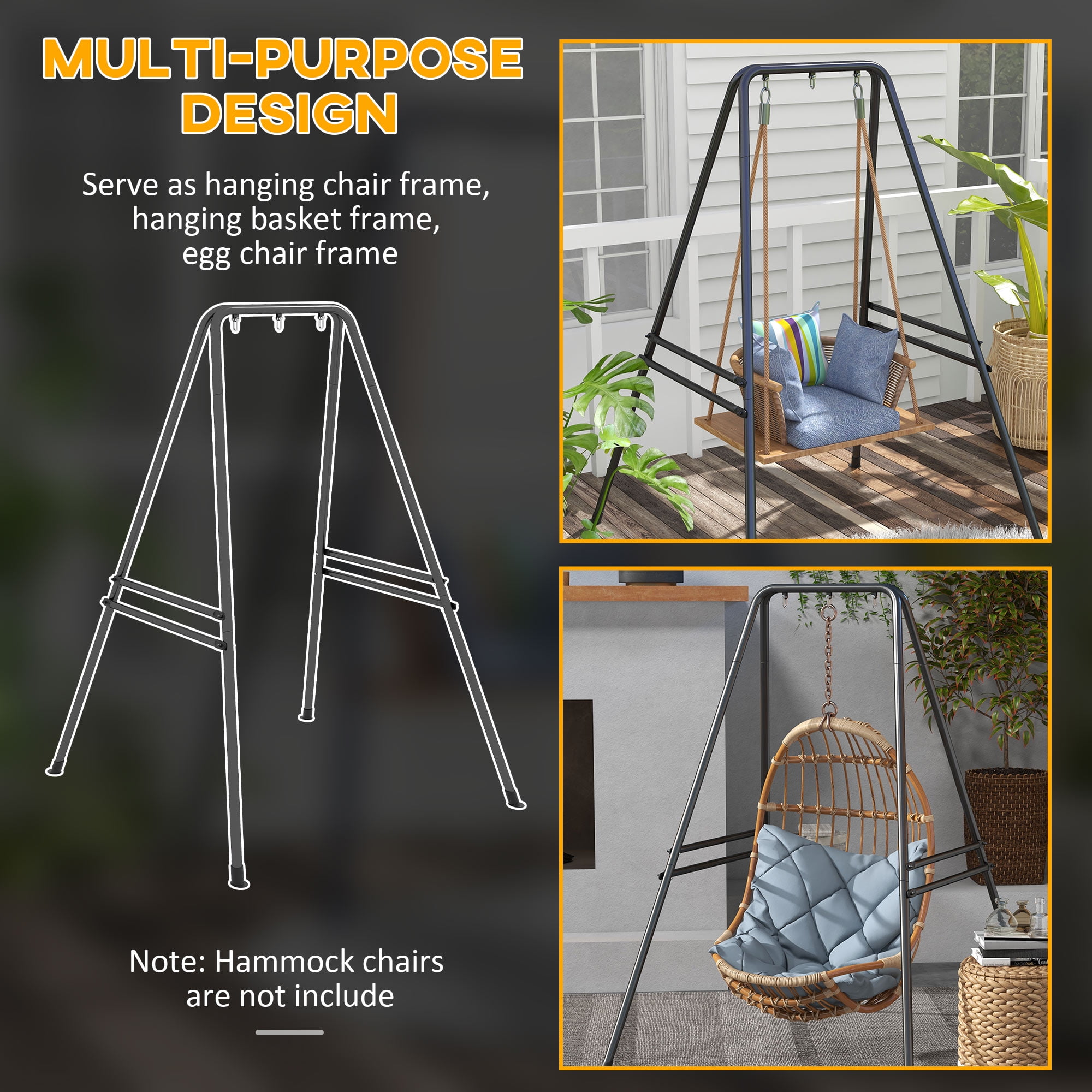 Garden Accessories Outsunny A-Shaped Hammock Chair Stand, Heavy Duty Swing Stand for Indoor & Outdoor Use, Max 330 lbs., Black,Garden Decorative Accessories