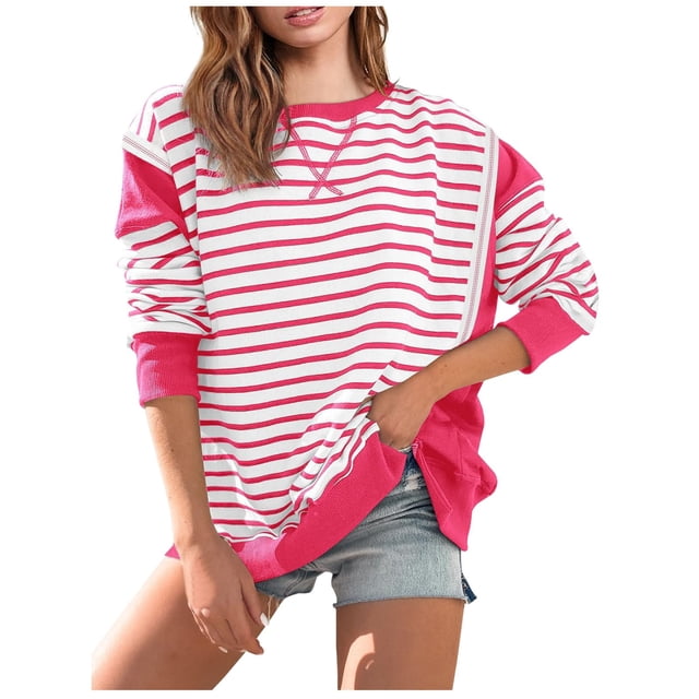 WEAIXIMIUNG Chandail en Molleton pour Femmes Graphique Mignon Femmes Chandails en Molleton Surdimensionnés Coupe Ample Col Rond Rayé Bloc de Couleur Manches Longues Tops