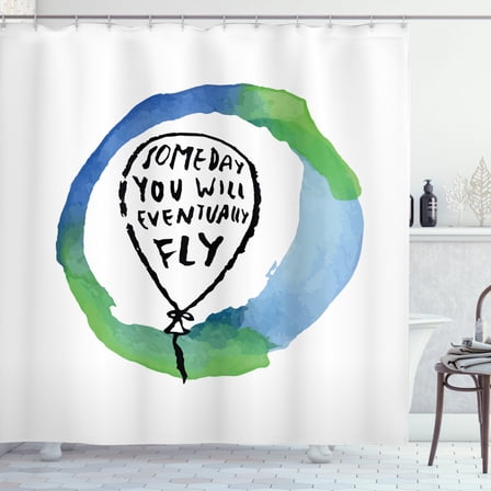 Saying Shower Curtain, Someday You Will Eventually Fly Watercolor, Fabric Bathroom Set with Hooks, 69W X 84L Inches Extra Long, Lime Green Pale Sky Blue Persian Blue Charcoal Grey, by Ambesonne