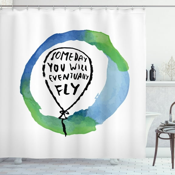 Saying Shower Curtain, Someday You Will Eventually Fly Watercolor, Fabric Bathroom Set with Hooks, 69W X 84L Inches Extra Long, Lime Green Pale Sky Blue Persian Blue Charcoal Grey, by Ambesonne