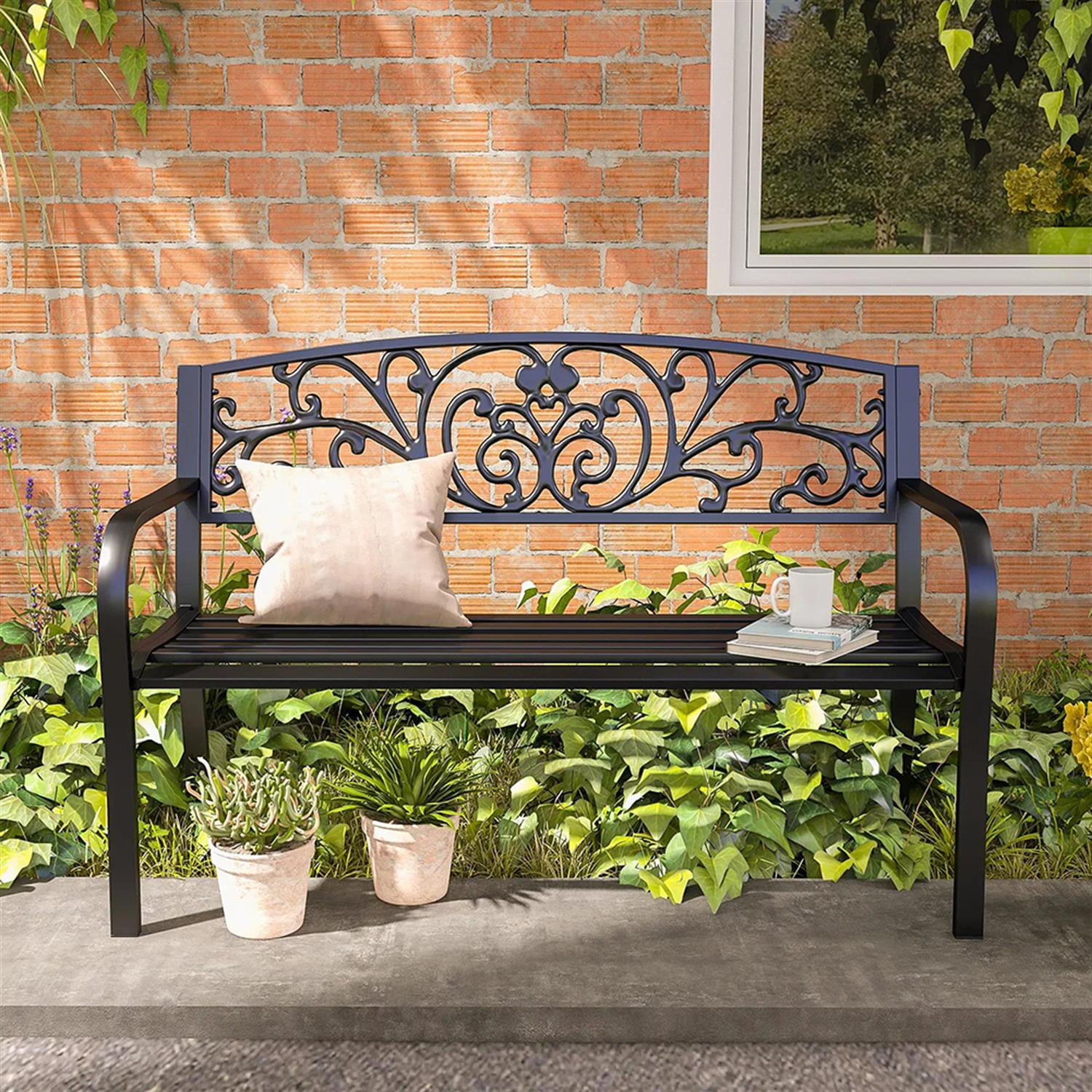 Demi Bonn Patio Garden Bench Metal Park Bench, Outdoor Benches Furniture with Floral Pattern Backrest & Slatted Seat for Patio, Park, Lawn, Yard, Black