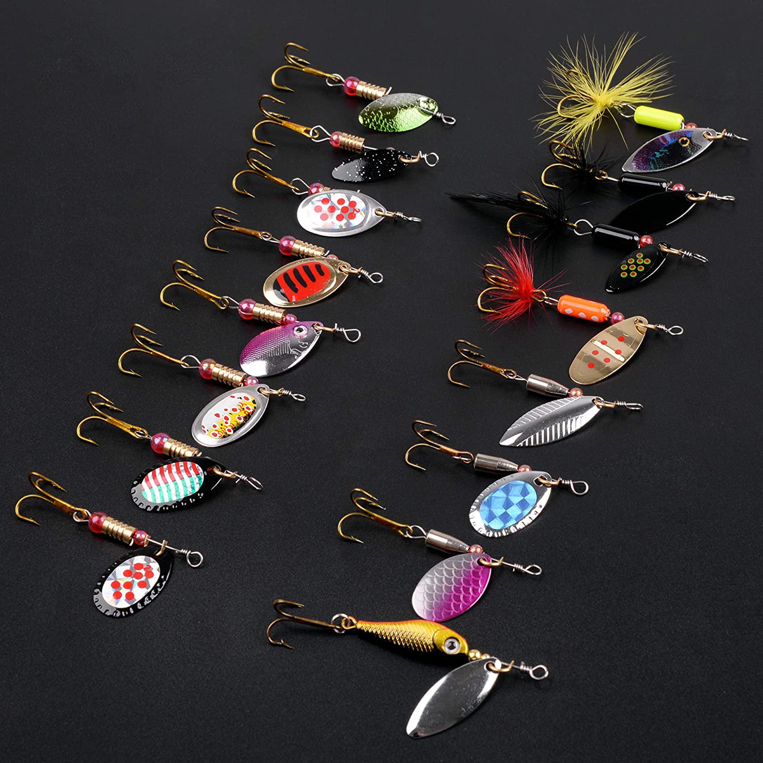 Fishing Lure Kit for Trout 16pcs Spinner Baits Feather Tail Spinner