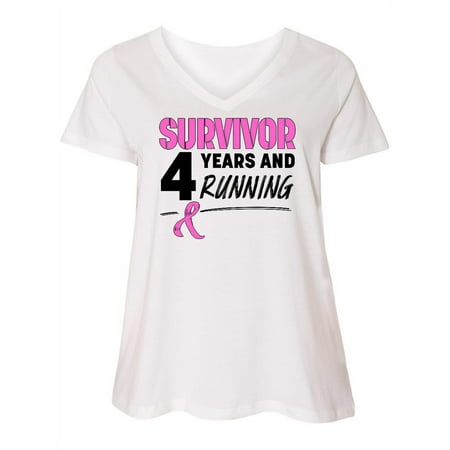 

Inktastic Breast Cancer Survivor 4 Years and Running with Pink Ribbon Women s Plus Size V-Neck