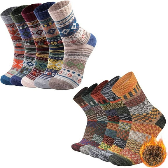 10 Pairs Warm Wool Socks Thermal Winter Thick Crew Pattern Socks Cold Weather Soft Cozy Knit Winter Warm Socks for Mens and Women