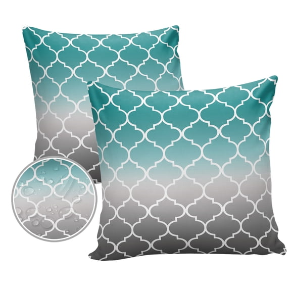 Pack of 2 Outdoor Pillow Covers, Cyan Turquoise Gray Gradient Morocco Pattern Waterproof Square Throw Pillowcase Cushion Decorative Pillow Covers for Couch Patio Tent, 16x16 in