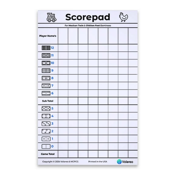 Volareo Mexican Train and Chicken Foot Dominoes Score Pad - 100 Scoring Sheets per Scorepad, 8.5 x 5.5 Inches - Score Sheets for Double 12 Domino Sets