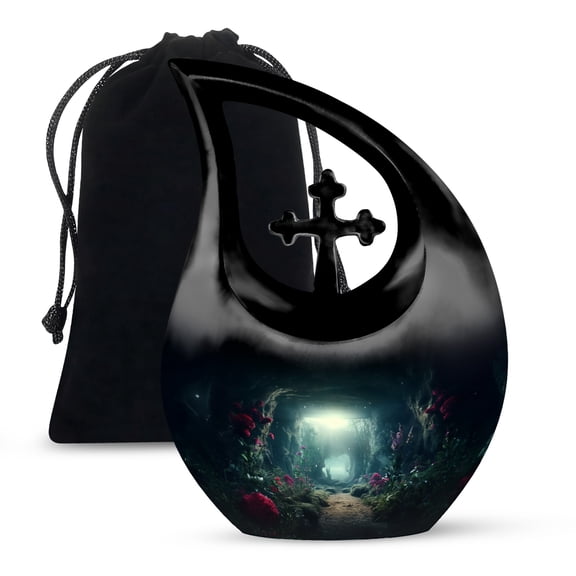 MUKTIVE Funeral Urn for Ashes for Women - Black Wilderness Memorial Urns for Adult Male - Large Pink Flower Cross Drop Cremation Urn for Mom - Burial Urns for Human Ashes Adult Man - 10 Inch