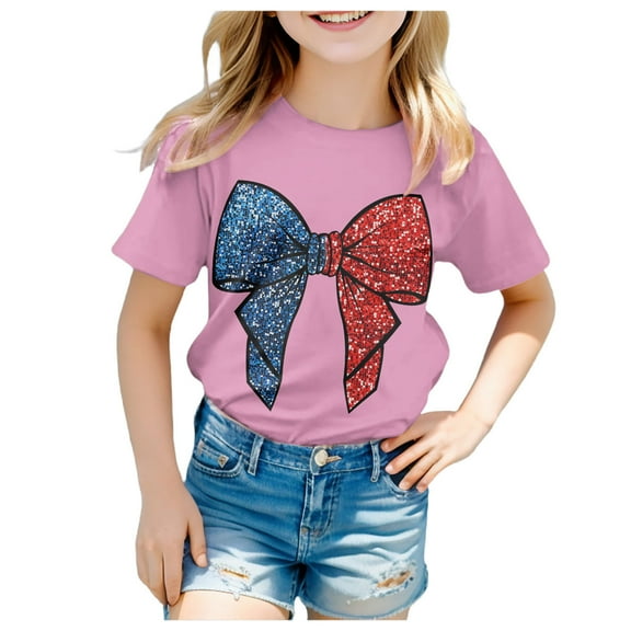 Sjldqy Little Girls 4th Of July Shirt Soft Loose Sparkly Glitter Bow Graphic Tee Short Sleeve Crew Neck Summer Patriotic Top For Girls Size 6-7 Years Pink