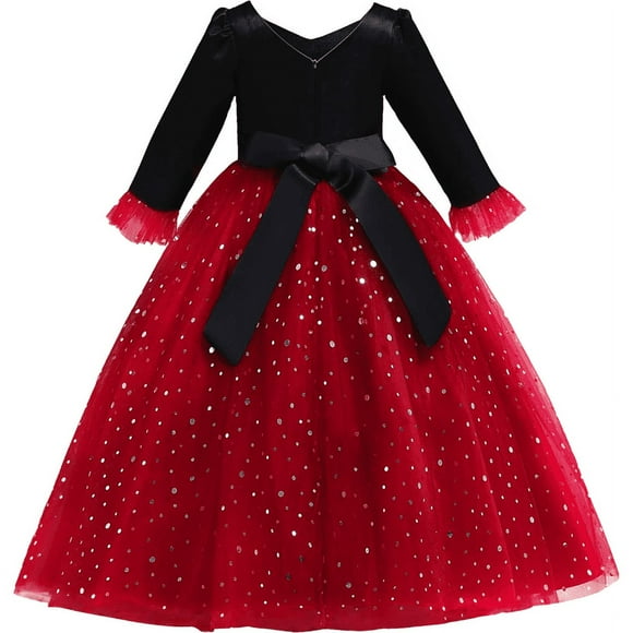Girls' Casual Dresses Clearance Kids Dress Girls Long Sleeve Princess Dress Bow Tie Lace Mesh Dress Cake Dress Dresses for Kids Toddler Girl Christmas Dress Wine New