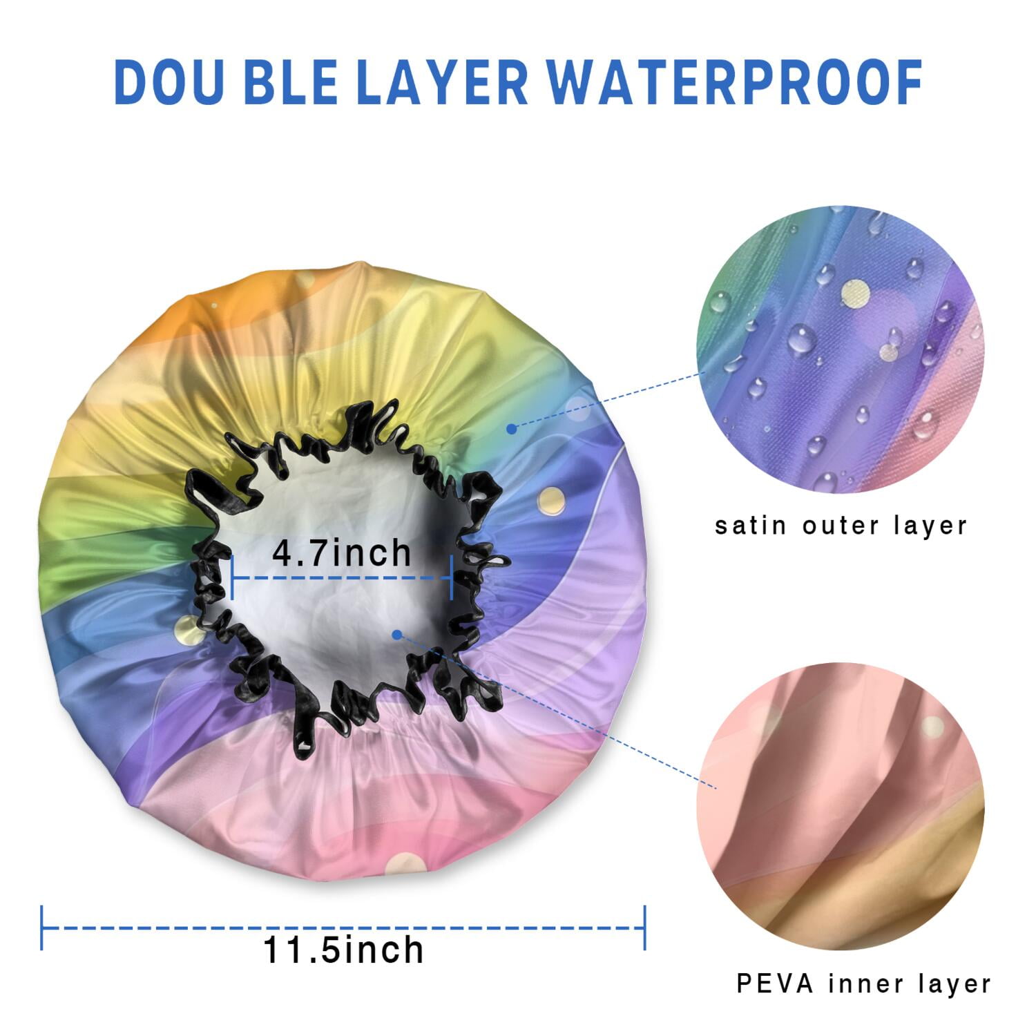 Shower Caps,Rainbow Tie Dye Wave Pattern Waterproof Shower Cap for Women 4 Pieces,Double Reusable Hair Cover for Shower PEVA Elastic Stretch Hem