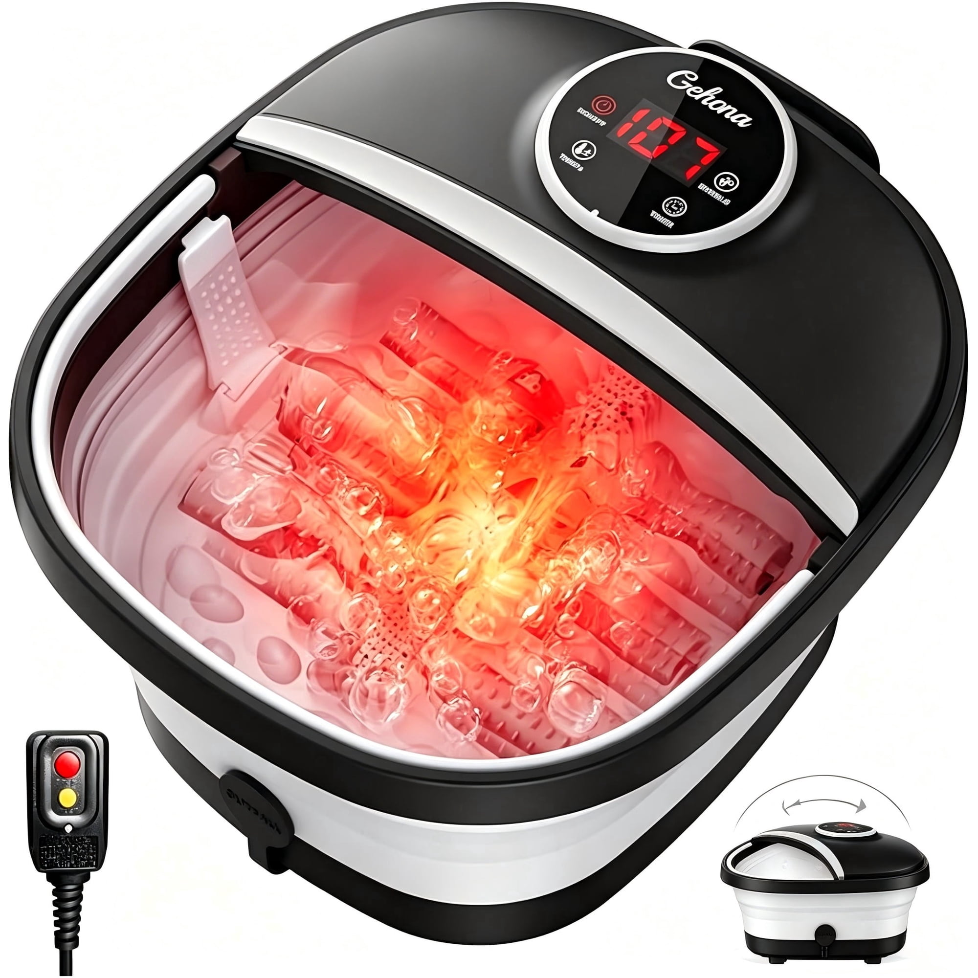 Gehana Foot Spa Massager with Heat and Bubbles - Digital Display, Collapsible Foot Bath with Massage Rollers, Temperature Control, Perfect for Foot Relaxation at Home
