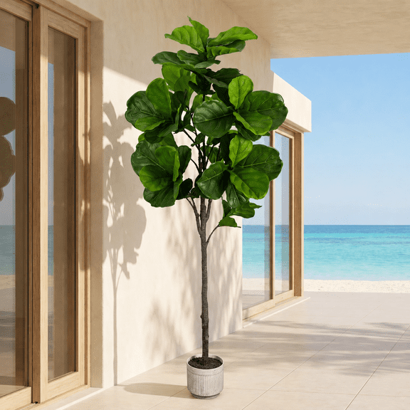pansass Artificial Fiddle Leaf Fig Tree, 6ft Tall Fake Plants with White Fluted Planter, Natural Wood Trunk, Large Indoor Faux Tree for Home Office Decor Living Room