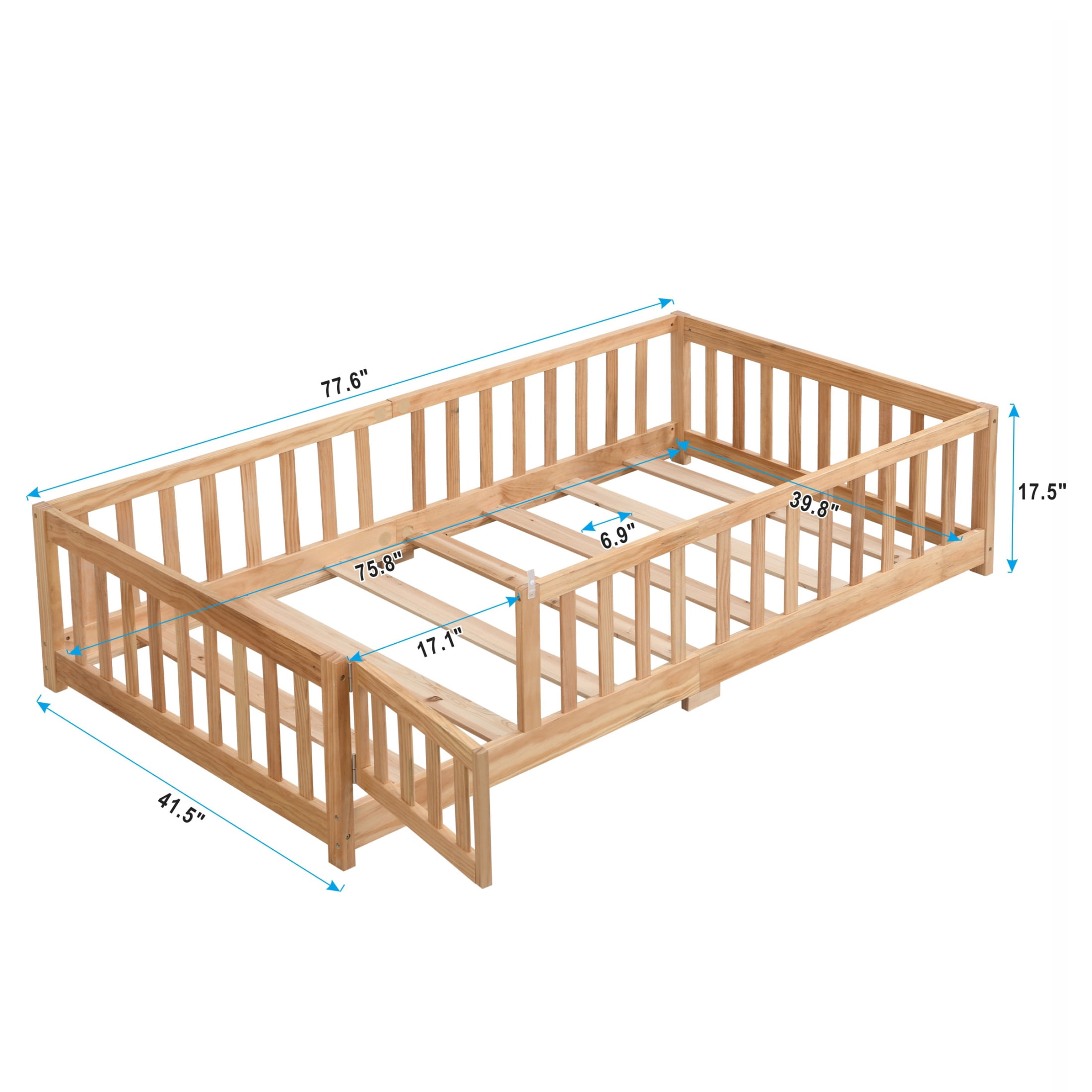 Twin Bed Frame with Door and Fence,Montessori Bed with Guardrails and Solid Slats,Solid Wood Platform Twin Size Bed Frame for Girls and Boys,77.6"x41.5"x17.5",Natural