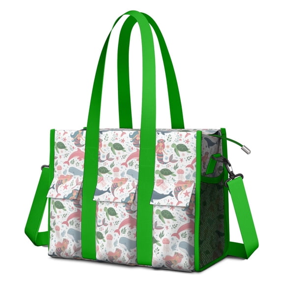 Teacher Tote Bag,White Mermaid Sea Pattern Teacher Utility Tote Bag,Large Work Tote Bags for Women with Multiple Pockets,Top Zipper Closure,13.8x10.6x6.7 Inch