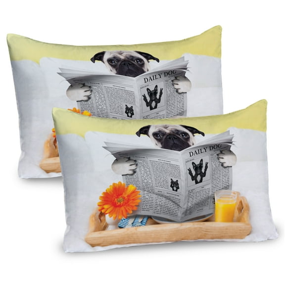 Ambesonne Pug Pillow Sham 2 Pack, Pug Reading News Daily Dog, 30"x20", Pale Brown Yellow Orange