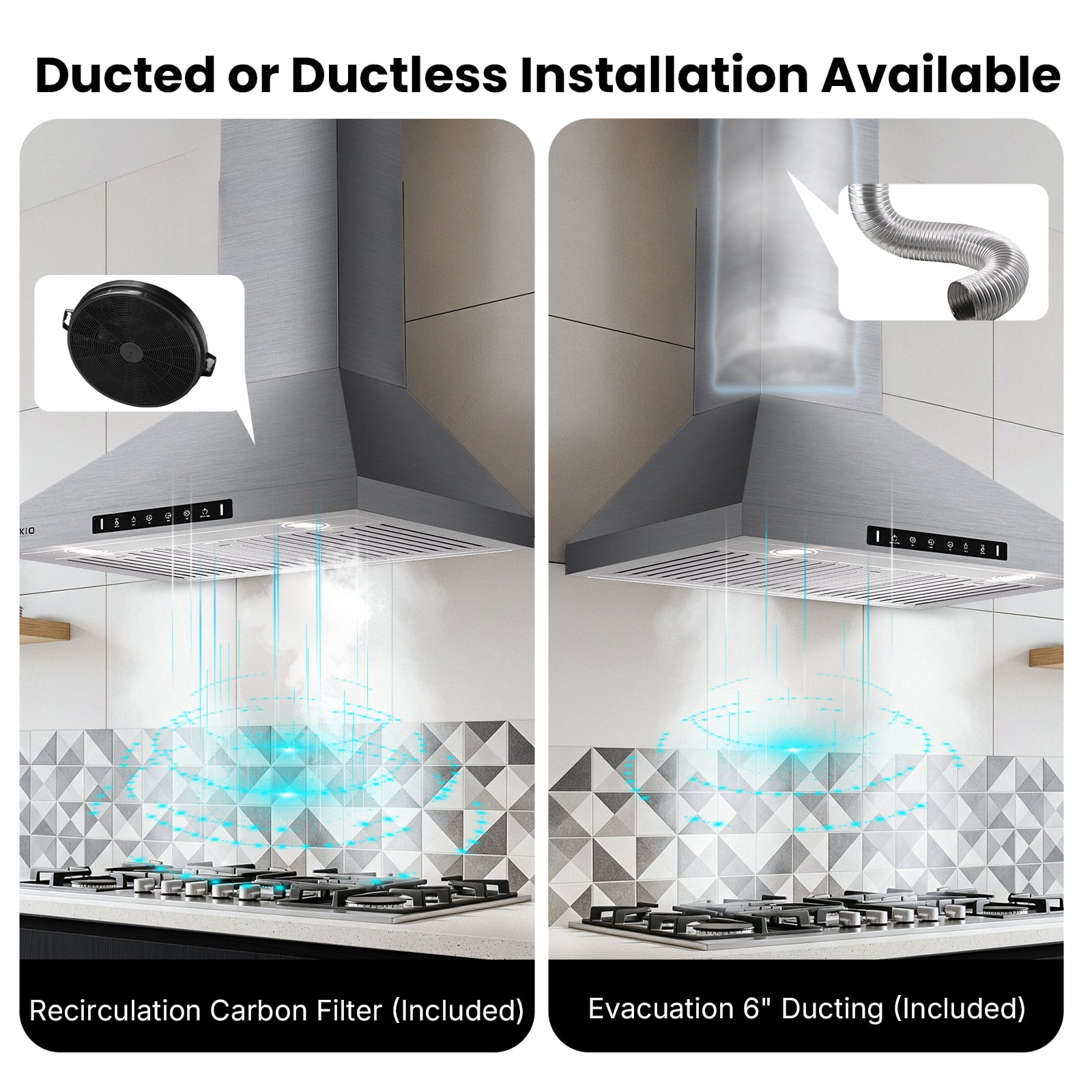 VIKIO 30 inch Wall Mount Range Hood 900CFM Convertible Ducted to Ductless Exhaust Fan , Carbon Filter, Touch Panel, Stainless Steel