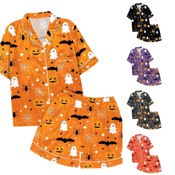 JAJAHO Halloween Girls Pajama Sets Pumpkin Ghost Short Sleeve Button Up Shirts And Shorts 2 Piece Set 2-13Y